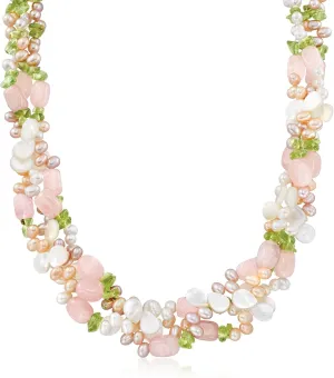 Ross-Simons 4-5mm Multicolored Cultured Pearl and Multi-Gemstone Torsade Necklace With Sterling Silver. 19 inches
