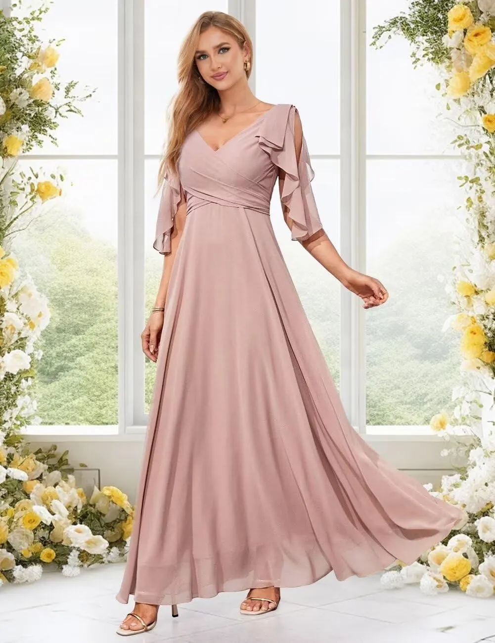Ruffle Sleeves Bridesmaid Dresses for Women Formal V Neck Chiffon Cold Shoulder Long Evening Party Dress