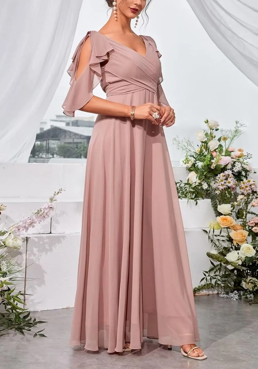 Ruffle Sleeves Bridesmaid Dresses for Women Formal V Neck Chiffon Cold Shoulder Long Evening Party Dress
