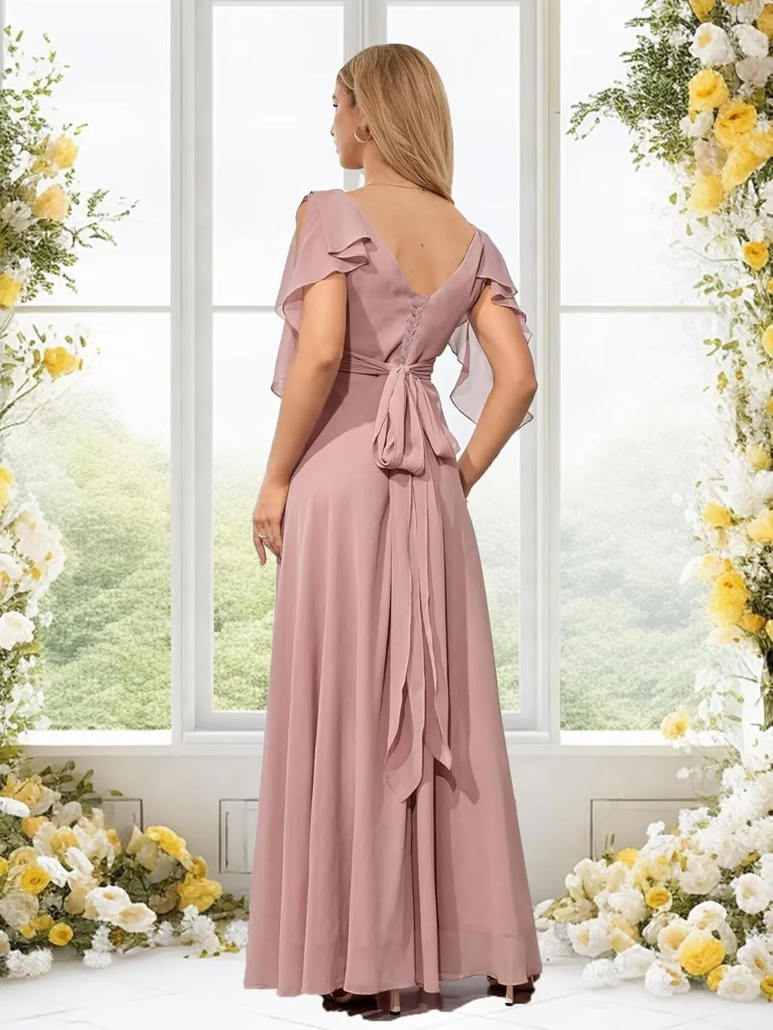 Ruffle Sleeves Bridesmaid Dresses for Women Formal V Neck Chiffon Cold Shoulder Long Evening Party Dress