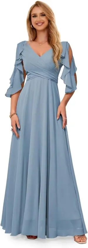 Ruffle Sleeves Bridesmaid Dresses for Women Formal V Neck Chiffon Cold Shoulder Long Evening Party Dress
