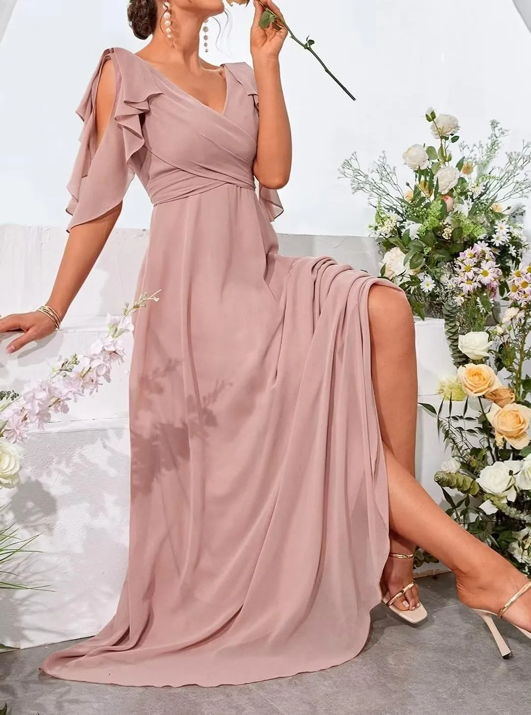 Ruffle Sleeves Bridesmaid Dresses for Women Formal V Neck Chiffon Cold Shoulder Long Evening Party Dress