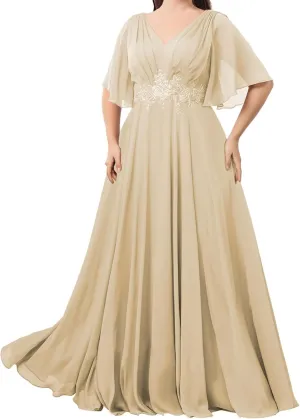 Ruffles Sleeves Mother of The Bride Dresses for Women Chiffon Appliques Formal Dress Evening Gown