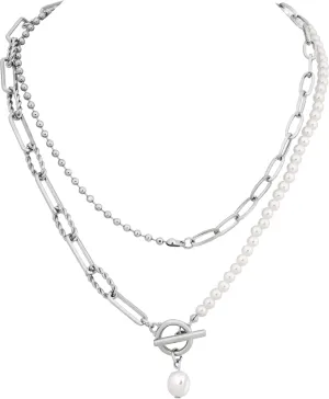 Sacina Silver-tone Layered Imitation-pearl Chunky Necklace for Women, Layered Necklaces for Women Trendy, Christmas Jewelry Gift For Women