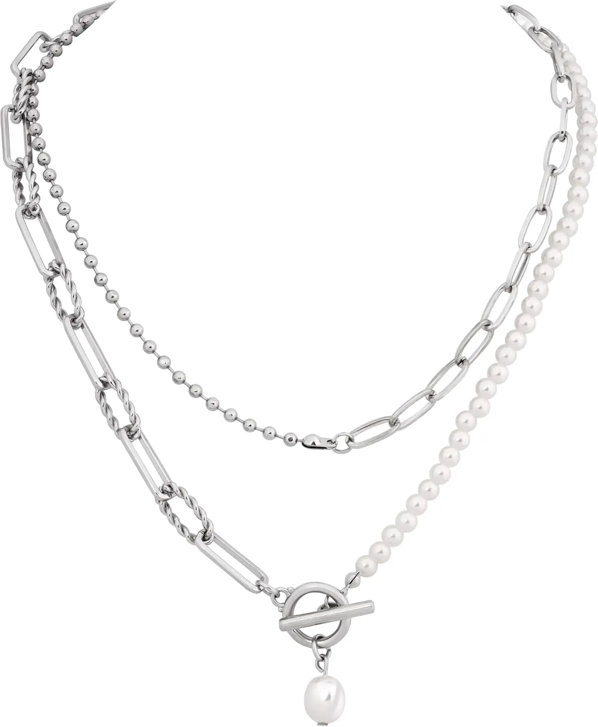 Sacina Silver-tone Layered Imitation-pearl Chunky Necklace for Women, Layered Necklaces for Women Trendy, Christmas Jewelry Gift For Women