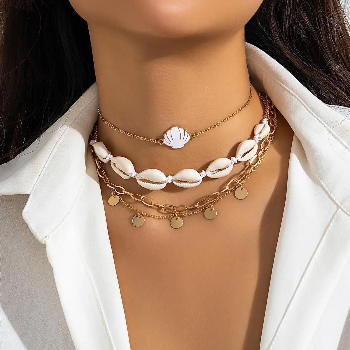 Sea Shell Necklace for Women Layered Pearl Shell Starfish Pendant Necklaces Summer Surfer Beachy Choker Necklace