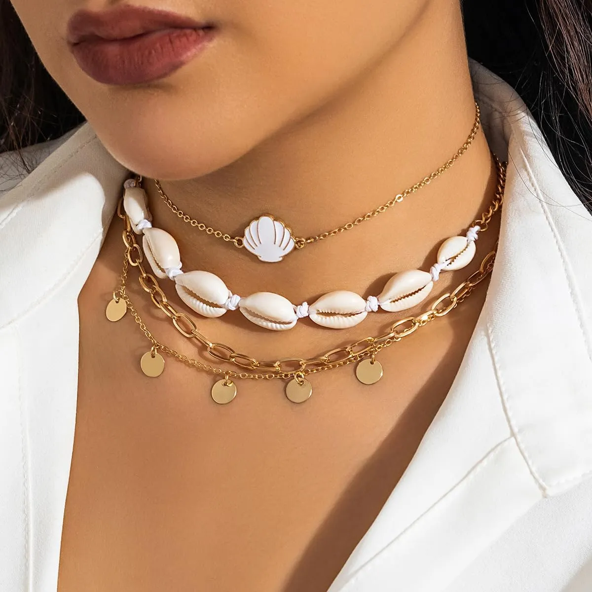 Sea Shell Necklace for Women Layered Pearl Shell Starfish Pendant Necklaces Summer Surfer Beachy Choker Necklace