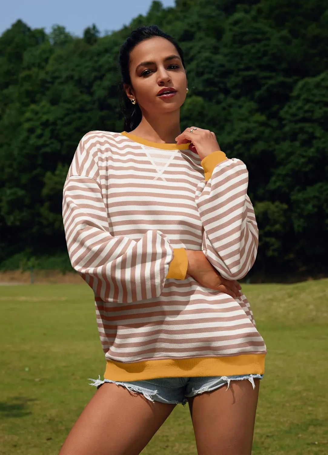 SENSERISE Womens Oversized Classic Striped Crewneck Sweatshirts Long Sleeve Color Block Shirts Casual Tops