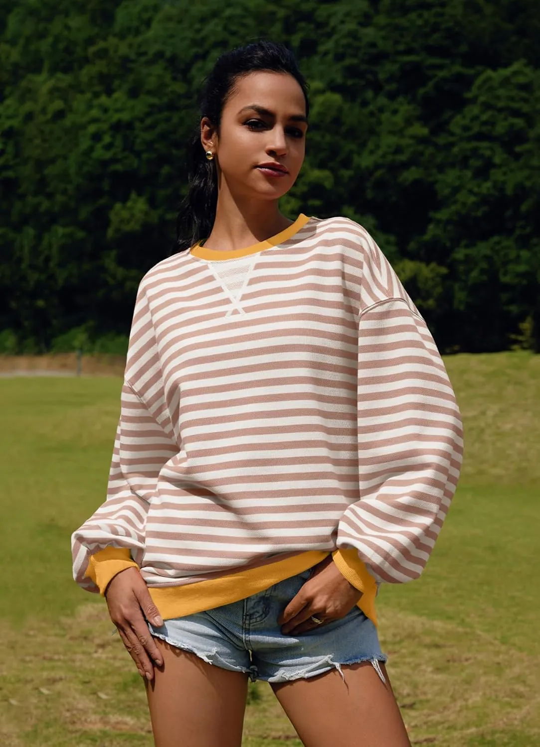 SENSERISE Womens Oversized Classic Striped Crewneck Sweatshirts Long Sleeve Color Block Shirts Casual Tops