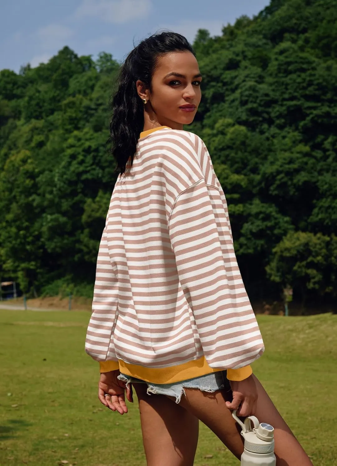 SENSERISE Womens Oversized Classic Striped Crewneck Sweatshirts Long Sleeve Color Block Shirts Casual Tops