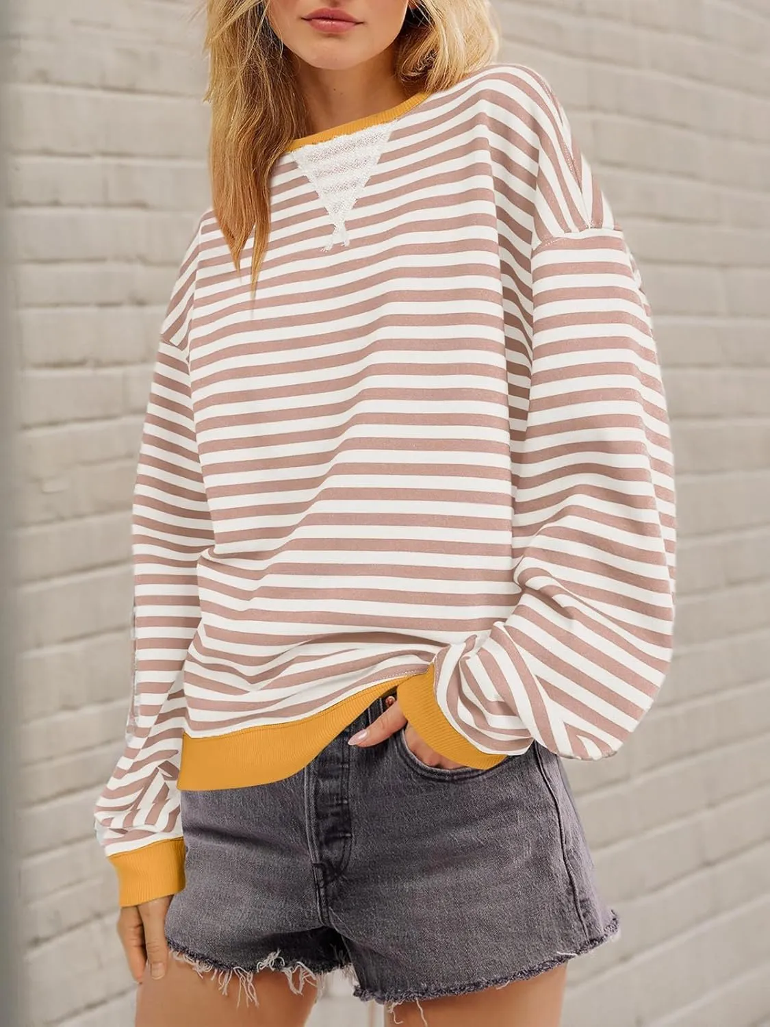 SENSERISE Womens Oversized Classic Striped Crewneck Sweatshirts Long Sleeve Color Block Shirts Casual Tops