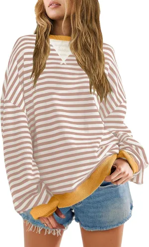 SENSERISE Womens Oversized Classic Striped Crewneck Sweatshirts Long Sleeve Color Block Shirts Casual Tops