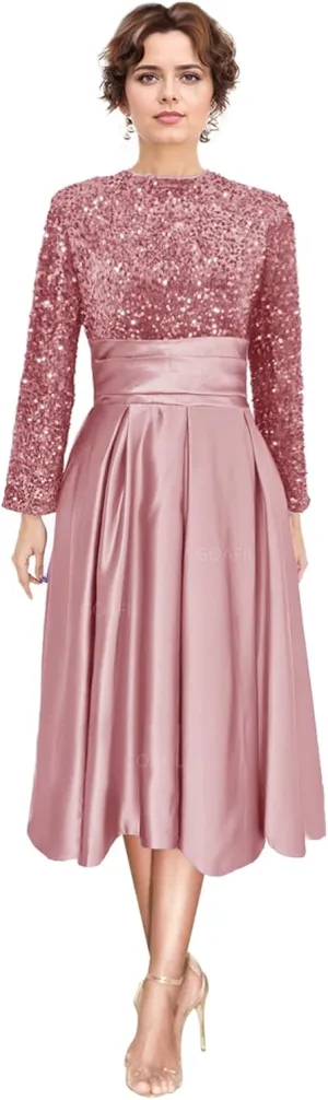 Sequin Long Sleeve Mother of The Bride Dresses for Wedding Tea Length Satin Ball Gown Formal Evening Gowns