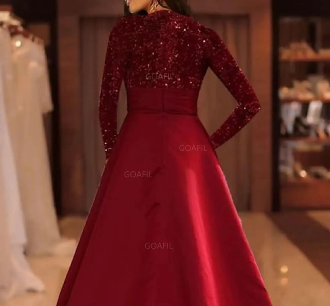 Sequin Long Sleeve Mother of The Bride Dresses for Wedding Tea Length Satin Ball Gown Formal Evening Gowns