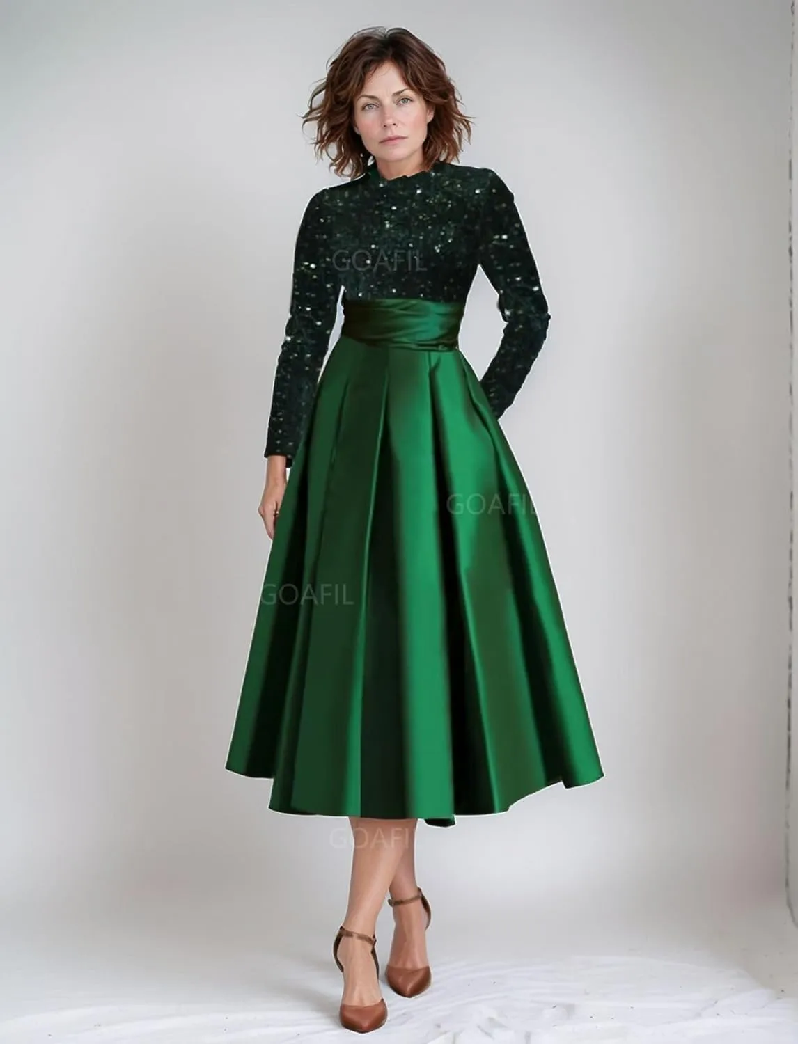 Sequin Long Sleeve Mother of The Bride Dresses for Wedding Tea Length Satin Ball Gown Formal Evening Gowns