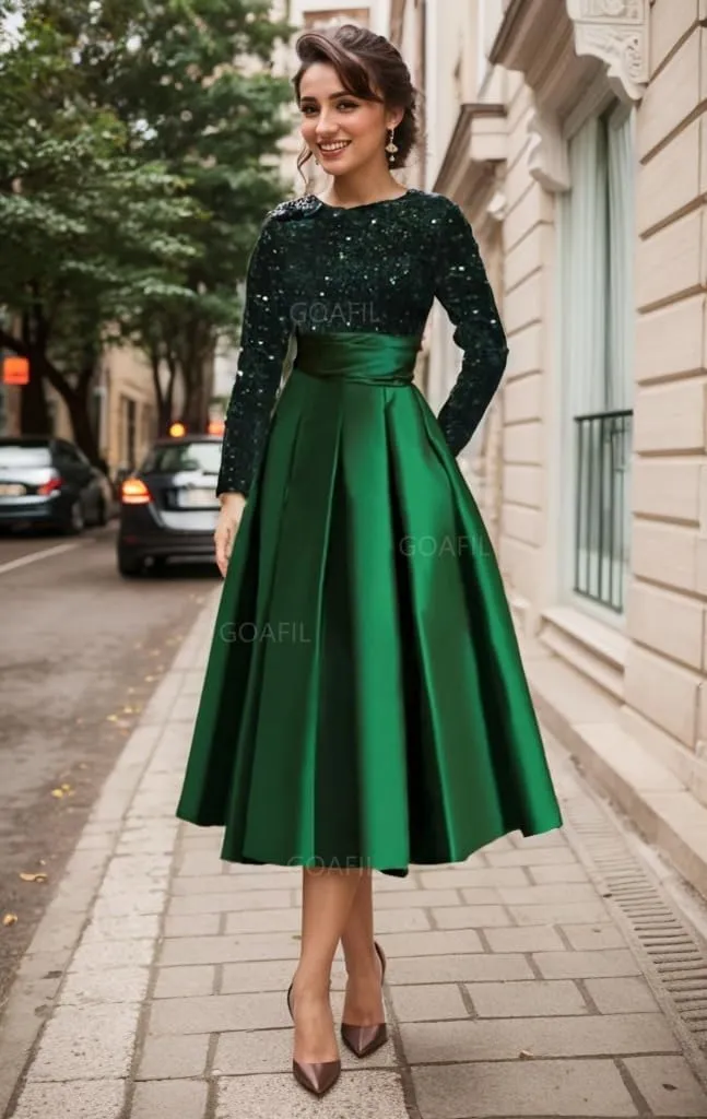 Sequin Long Sleeve Mother of The Bride Dresses for Wedding Tea Length Satin Ball Gown Formal Evening Gowns