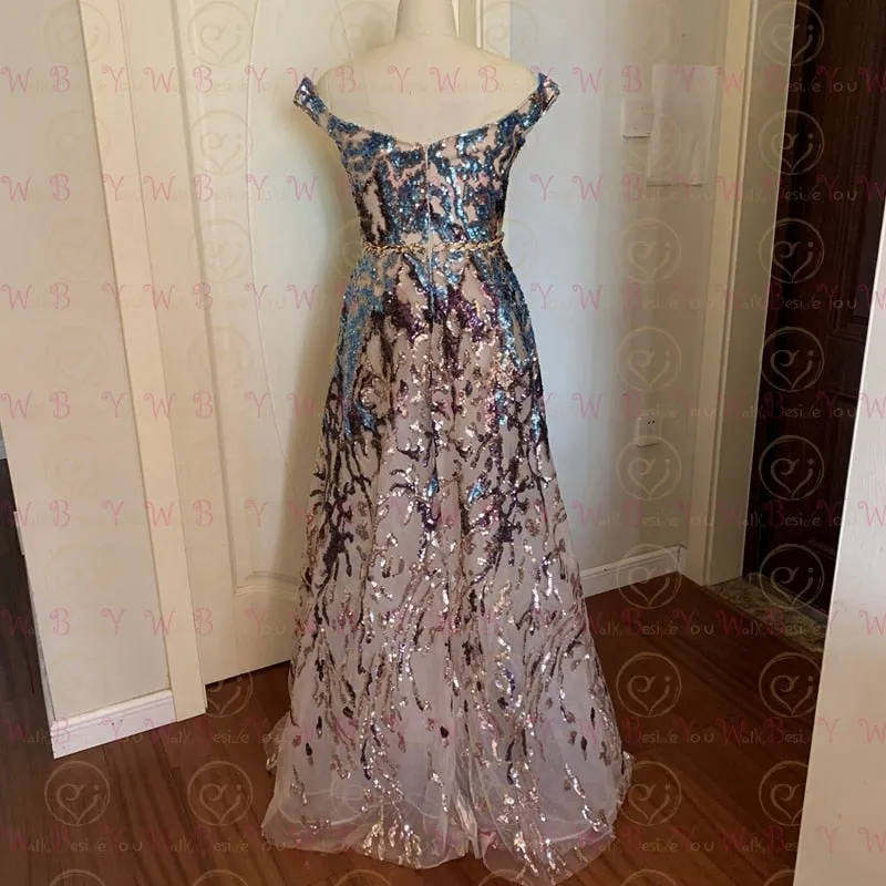 Sexy Prom Dress 2021 Colorful Sequin Off Shoulder Sweetheart Long Party A Line Formal Graduation Gown Evening Celebration Dress