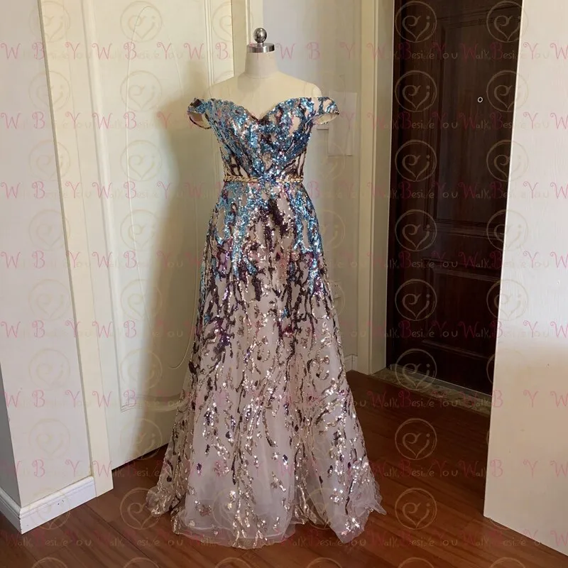 Sexy Prom Dress 2021 Colorful Sequin Off Shoulder Sweetheart Long Party A Line Formal Graduation Gown Evening Celebration Dress