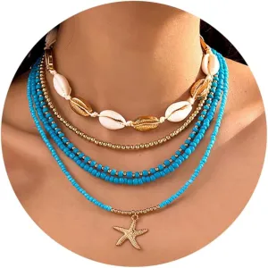 Shell Necklaces for Women Layered Gold Boho Beaded Seashell Choker Adjustable Pearl Starfish Necklace Beach Jewelry Hawaiian Summer Accessories for Women