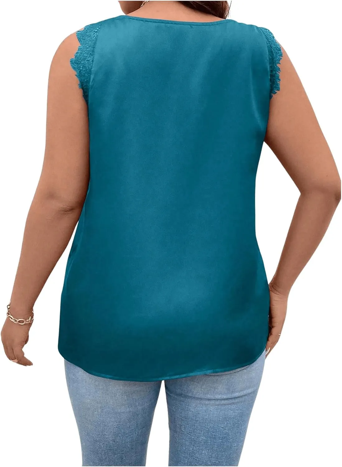 SHENHE Women's Plus Size Lace Trim V Neck Sleeveless Satin Loose Tank Elegant Top Shirt