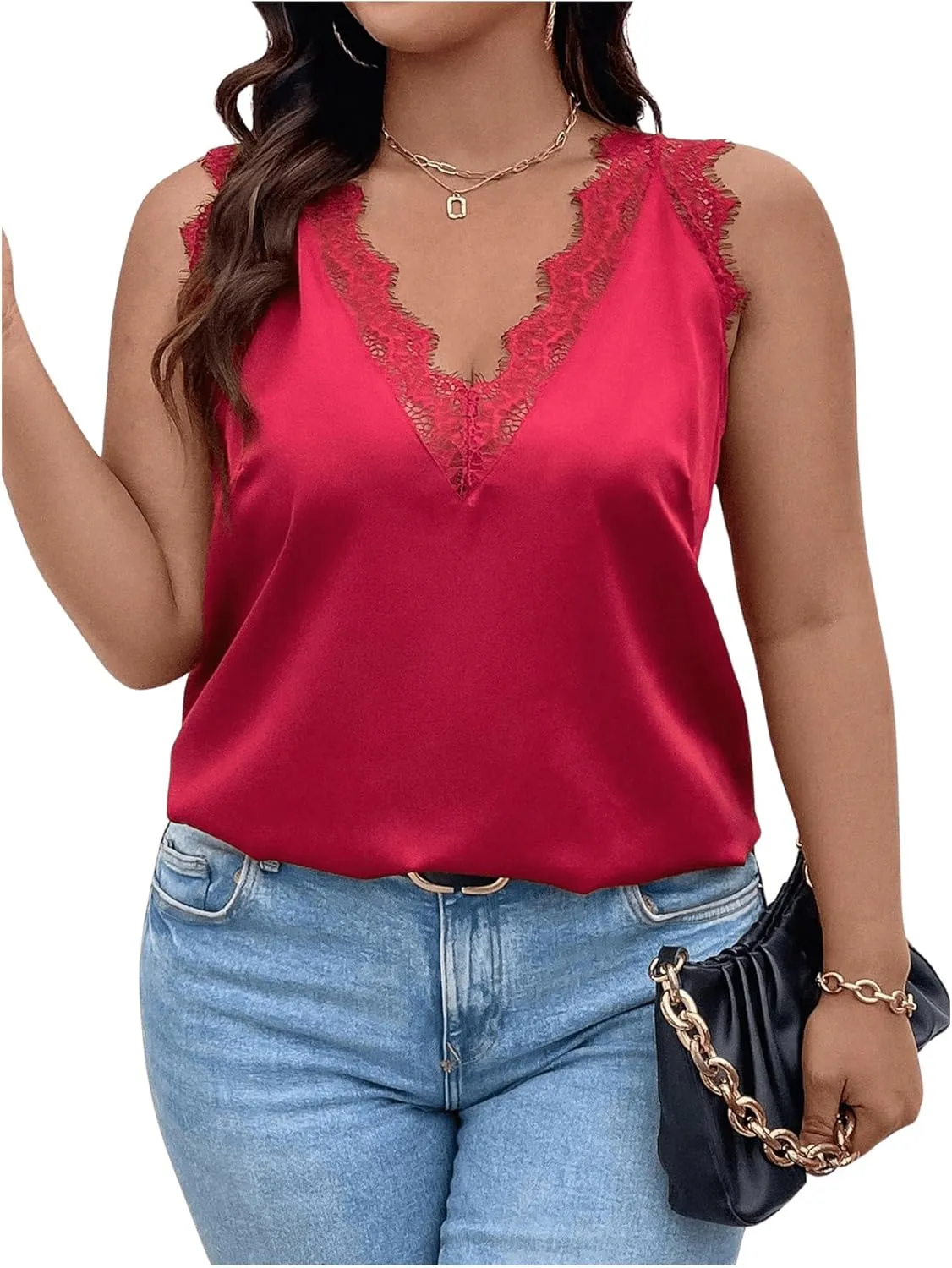 SHENHE Women's Plus Size Lace Trim V Neck Sleeveless Satin Loose Tank Elegant Top Shirt