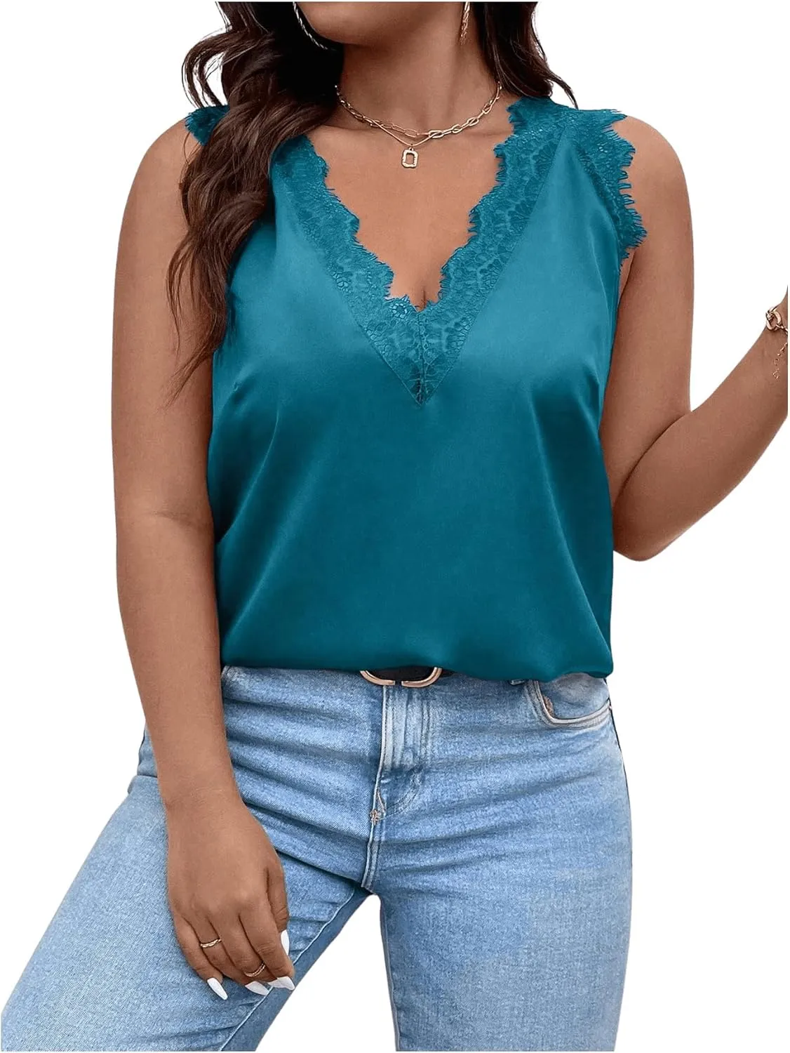 SHENHE Women's Plus Size Lace Trim V Neck Sleeveless Satin Loose Tank Elegant Top Shirt