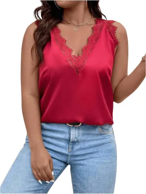 SHENHE Women's Plus Size Lace Trim V Neck Sleeveless Satin Loose Tank Elegant Top Shirt