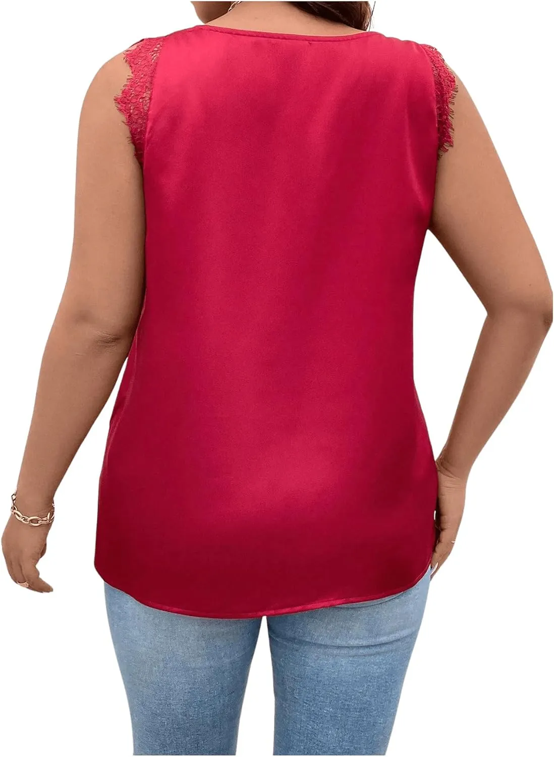 SHENHE Women's Plus Size Lace Trim V Neck Sleeveless Satin Loose Tank Elegant Top Shirt