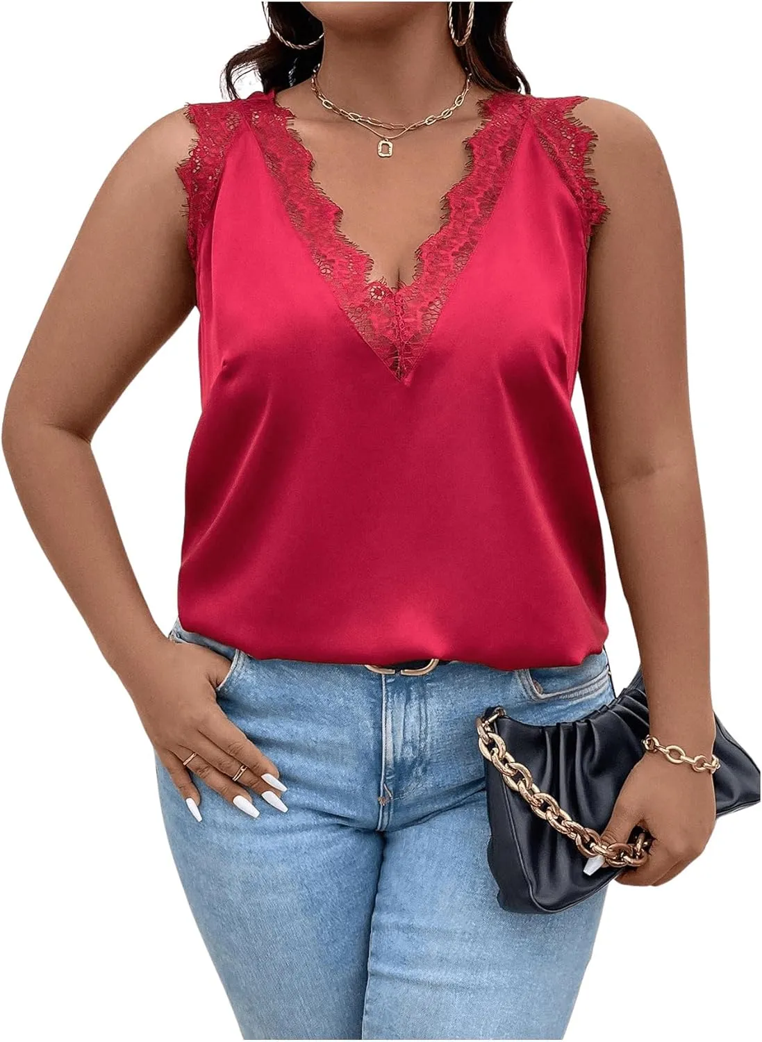 SHENHE Women's Plus Size Lace Trim V Neck Sleeveless Satin Loose Tank Elegant Top Shirt