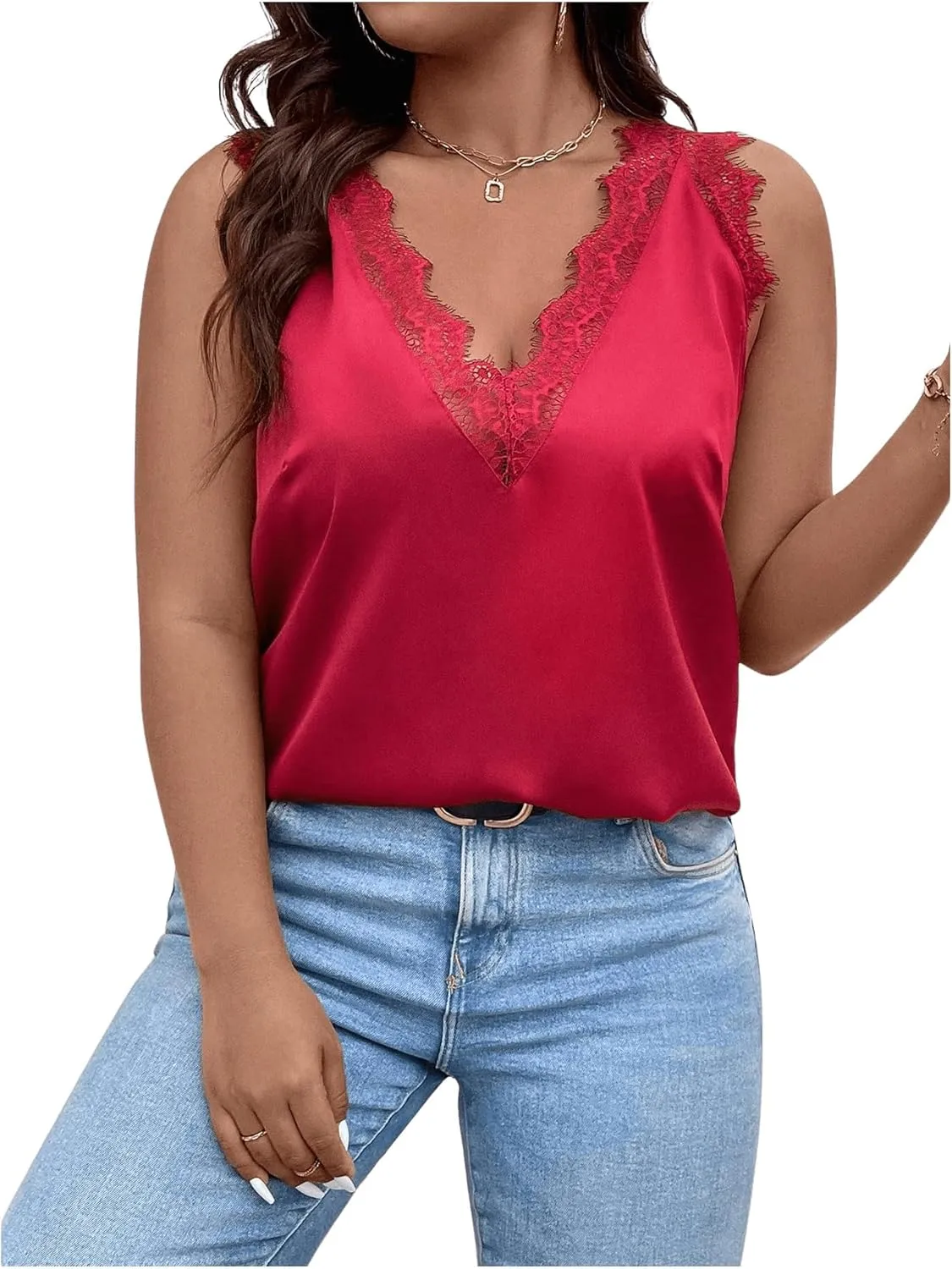 SHENHE Women's Plus Size Lace Trim V Neck Sleeveless Satin Loose Tank Elegant Top Shirt