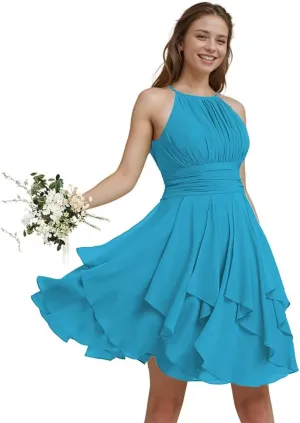 Short Homecoming Dresses for Teens Chiffon 2025 Halter Ruffle Mini Formal Evening Party Gowns with Pockets
