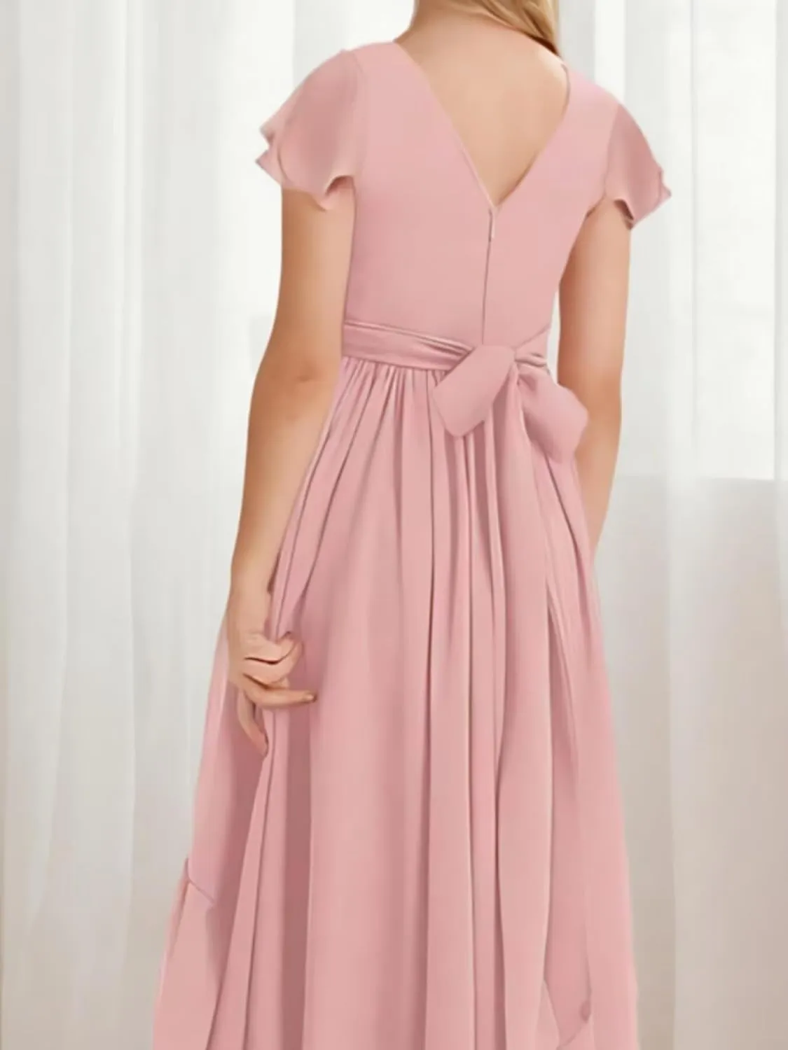 Short Sleeve Junior Bridesmaid Dresses Long Chiffon Flower Girl Dress for Teen Girls Square Neck Party Pageant Gowns