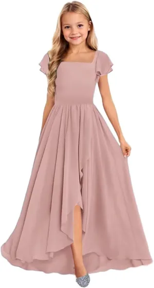Short Sleeve Junior Bridesmaid Dresses Long Chiffon Flower Girl Dress for Teen Girls Square Neck Party Pageant Gowns
