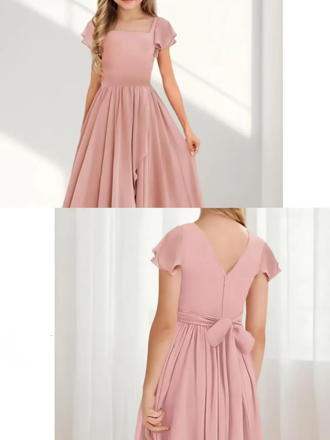Short Sleeve Junior Bridesmaid Dresses Long Chiffon Flower Girl Dress for Teen Girls Square Neck Party Pageant Gowns