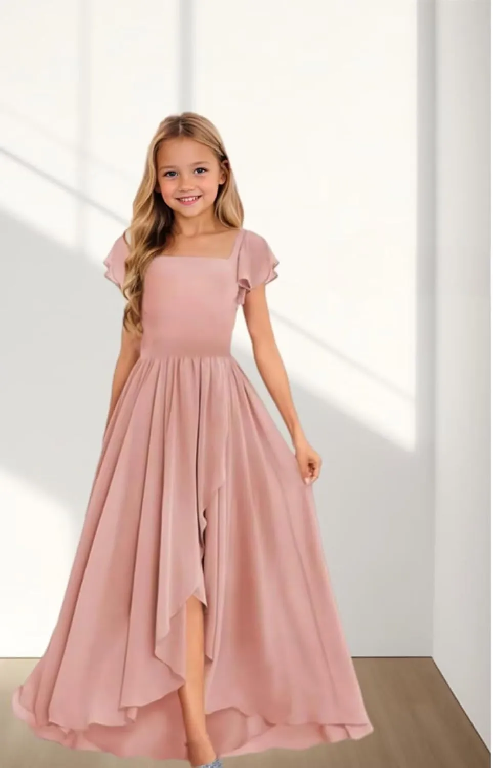Short Sleeve Junior Bridesmaid Dresses Long Chiffon Flower Girl Dress for Teen Girls Square Neck Party Pageant Gowns