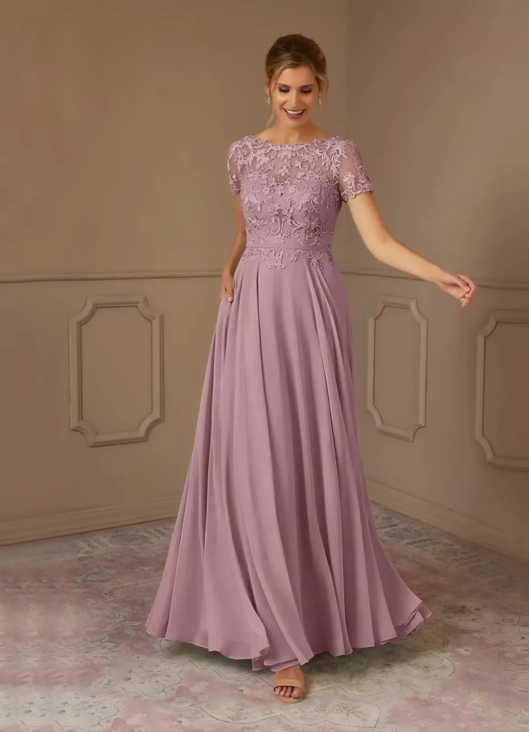 Short Sleeve Lace Mother of The Bride Dresses Long Formal Evening Gowns for Women WD011