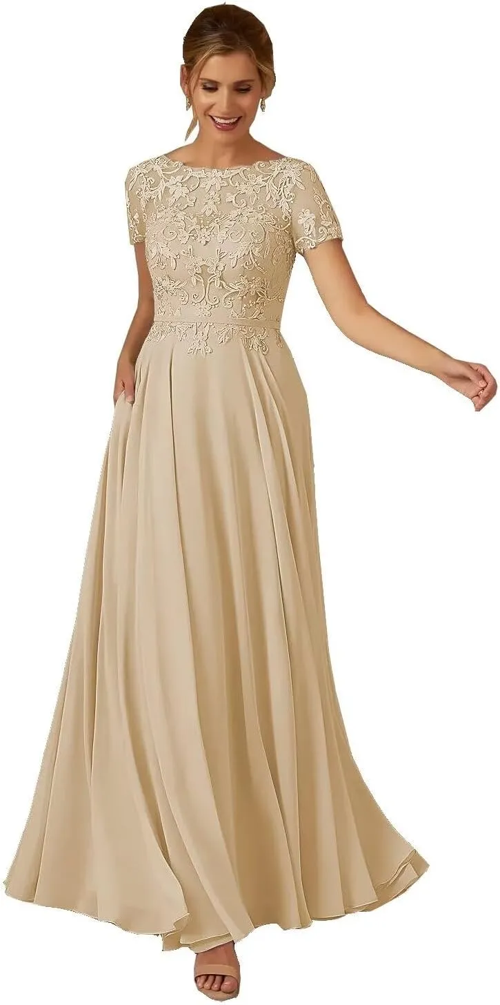 Short Sleeve Lace Mother of The Bride Dresses Long Formal Evening Gowns for Women WD011