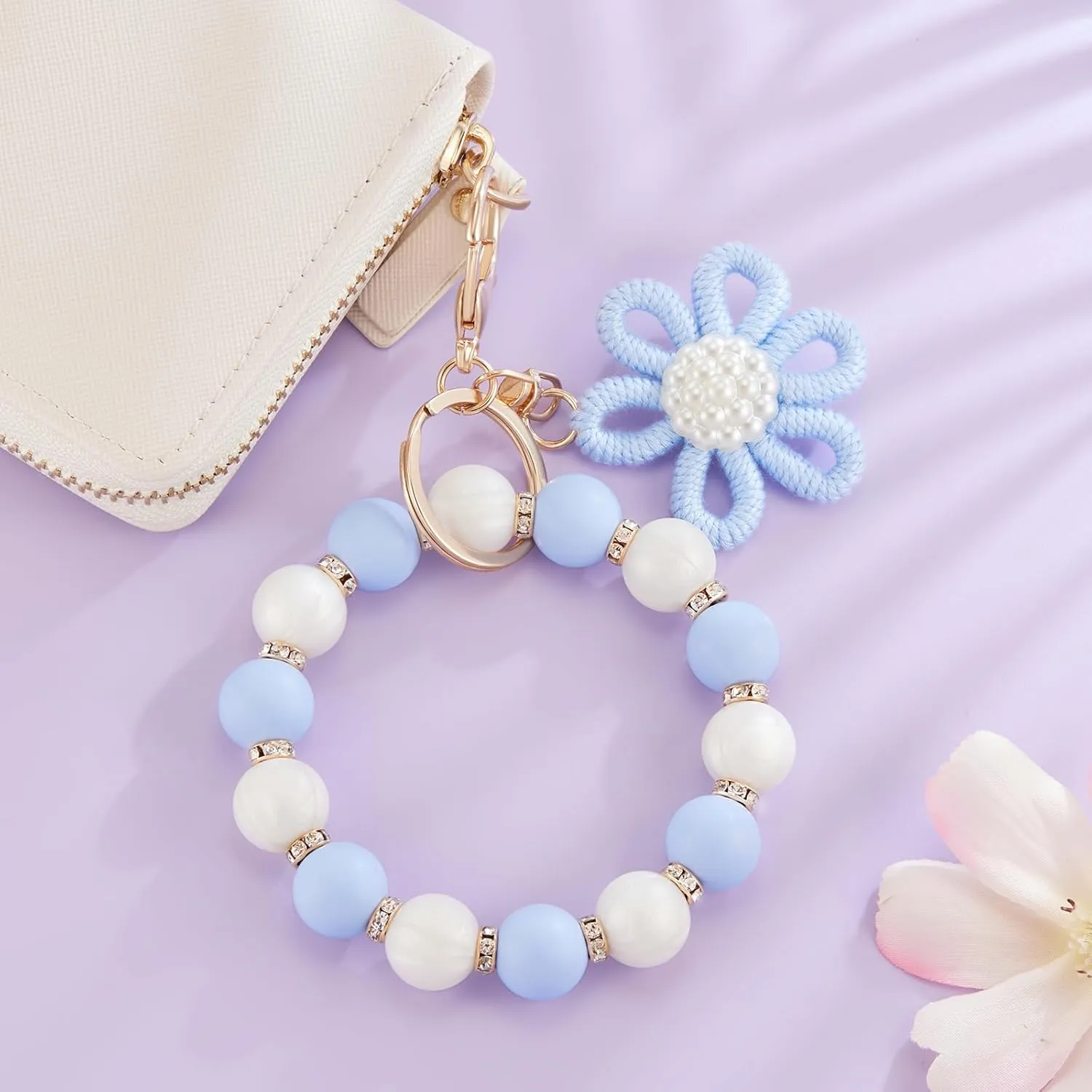Silicone Beaded Bangle Key Ring With Butterfly Pendant Wristlet Bracelet Keychain For Women Girls