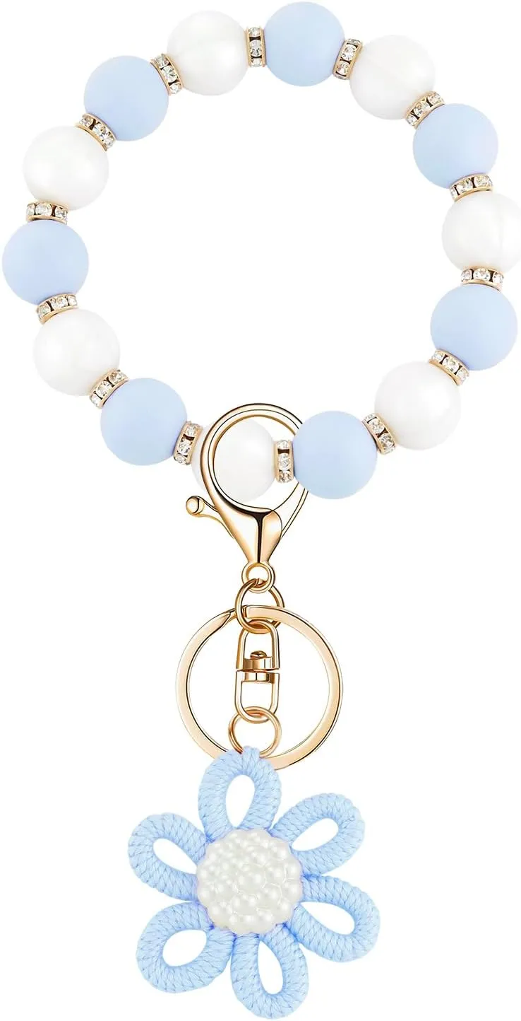 Silicone Beaded Bangle Key Ring With Butterfly Pendant Wristlet Bracelet Keychain For Women Girls