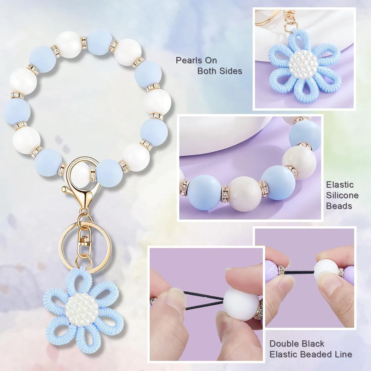 Silicone Beaded Bangle Key Ring With Butterfly Pendant Wristlet Bracelet Keychain For Women Girls