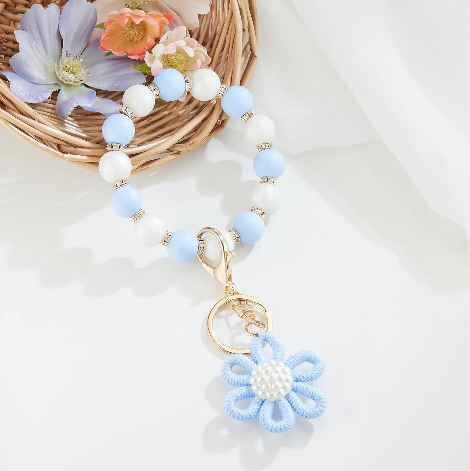 Silicone Beaded Bangle Key Ring With Butterfly Pendant Wristlet Bracelet Keychain For Women Girls