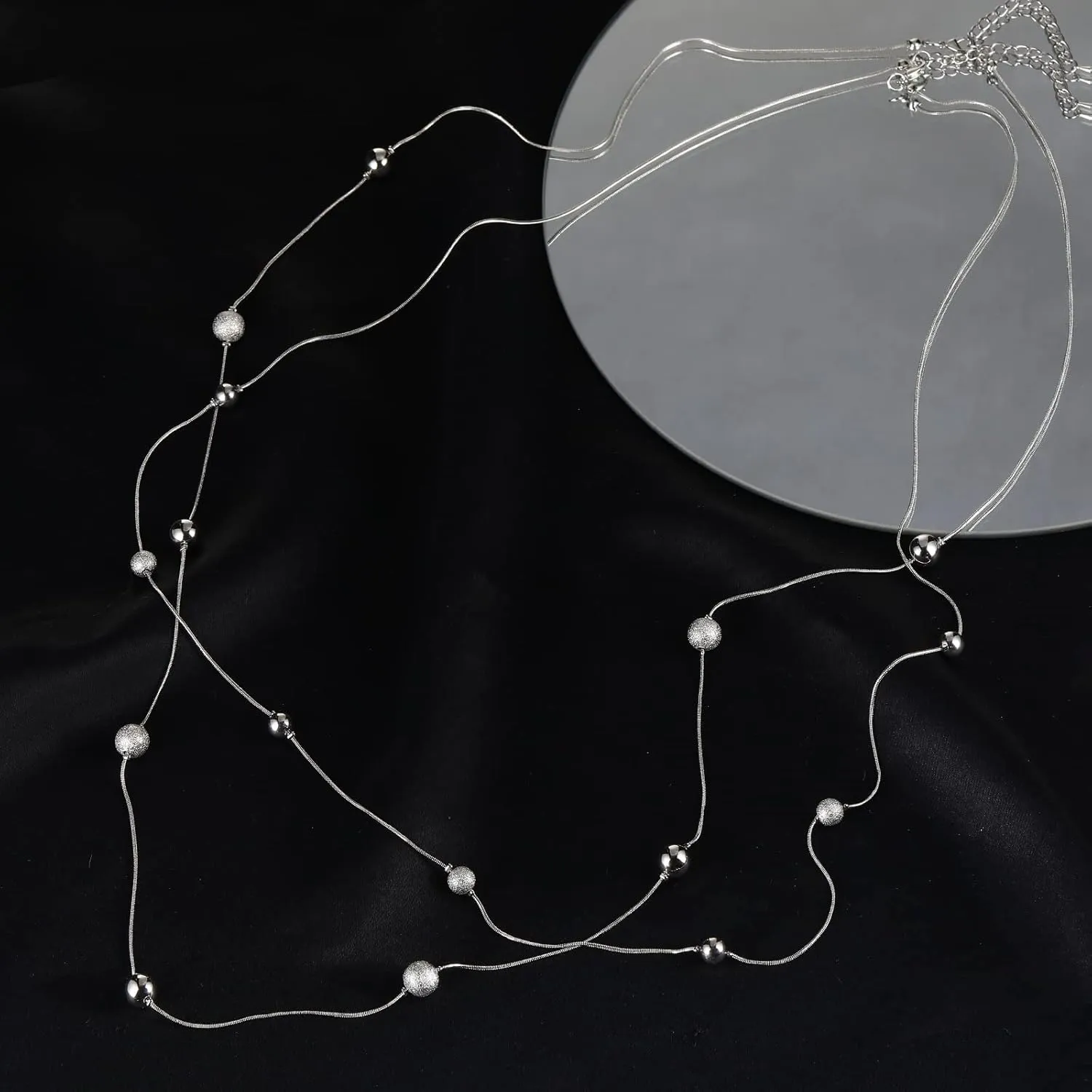 Silver Layered Long Necklace for Women Pearl Crystal Sweater Strand Chain Necklaces Fashion Gifts