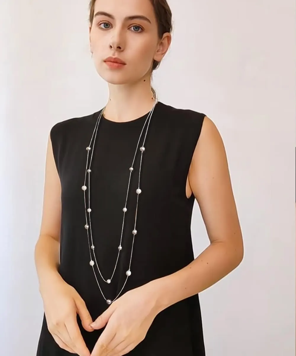 Silver Layered Long Necklace for Women Pearl Crystal Sweater Strand Chain Necklaces Fashion Gifts