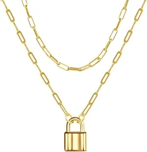 Silver Lock Necklace for Women Men Gold Padlock Link Necklaces Layered Paperclip Chain Lock Pendant Double Chain Neckalce Trendy Non Tarnish Jewelry Accessories