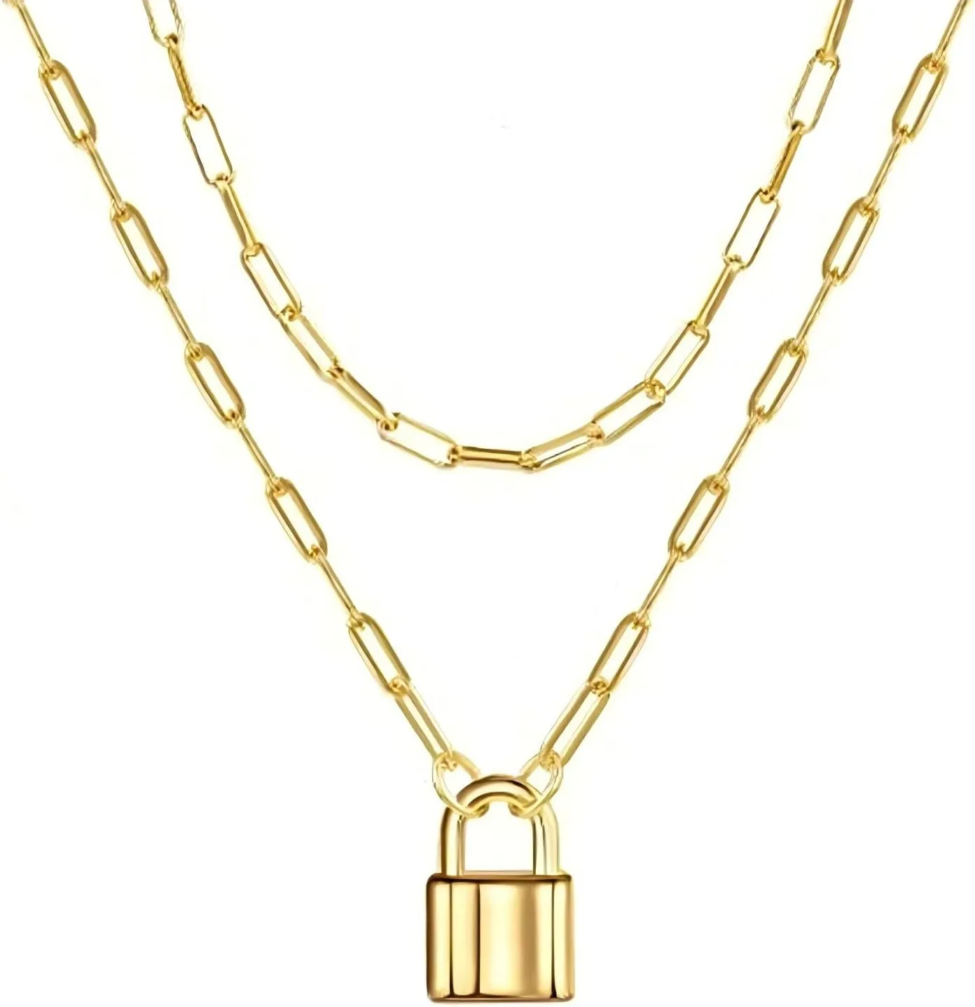 Silver Lock Necklace for Women Men Gold Padlock Link Necklaces Layered Paperclip Chain Lock Pendant Double Chain Neckalce Trendy Non Tarnish Jewelry Accessories