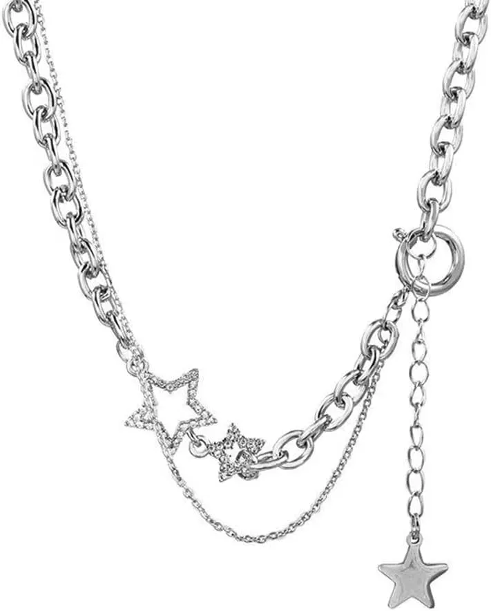 Silver Y2k Star Necklace - Layering Star Pendant Necklace - Toggle Chain Necklaces - Jewelry for Women