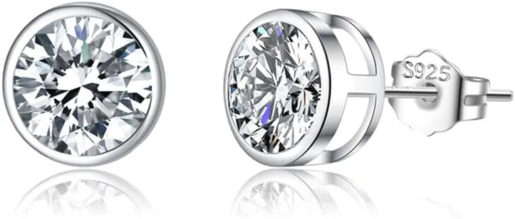 SLUYNZ Sterling Silver Bezel CZ Earrings Stud for Women Teen Girls Round Simulated Diamond Stud Earrings Round CZ Stud Earrings 5MM/6MM/7MM