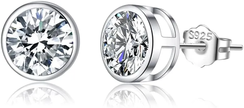 SLUYNZ Sterling Silver Bezel CZ Earrings Stud for Women Teen Girls Round Simulated Diamond Stud Earrings Round CZ Stud Earrings 5MM/6MM/7MM