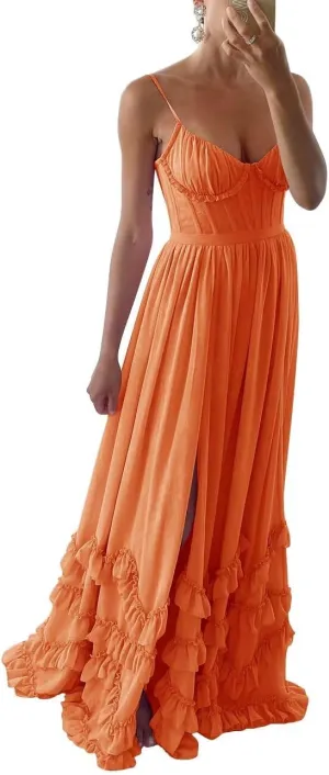 Spaghetti Straps Ruffles Prom Dresses for Women 2025 Chiffon Pleated V Neck A Line Formal Evening Gown with Slit