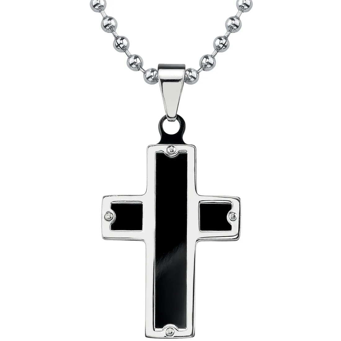 Stainless Steel Black Cross Pendant Rivet Accent with Ball Chain